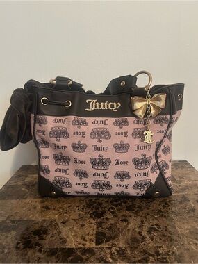 Juicy Couture Pink and Black Crown Print Tote with Gold Charm